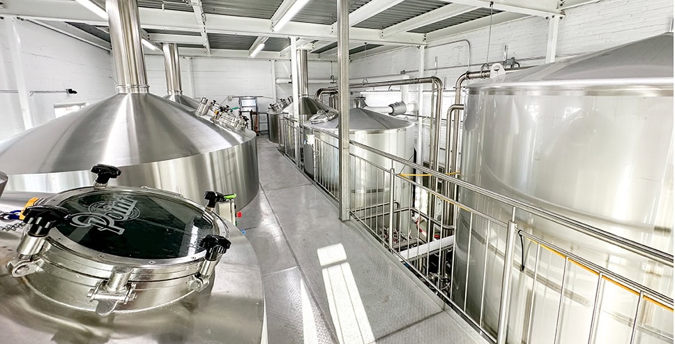 Modern brewery with large stainless steel tanks