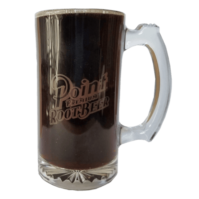 Glass root beer mug with Point Root Beer text on front