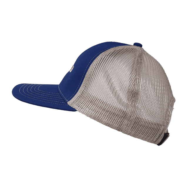 Side view of a blue trucker hat with a tan mesh back.