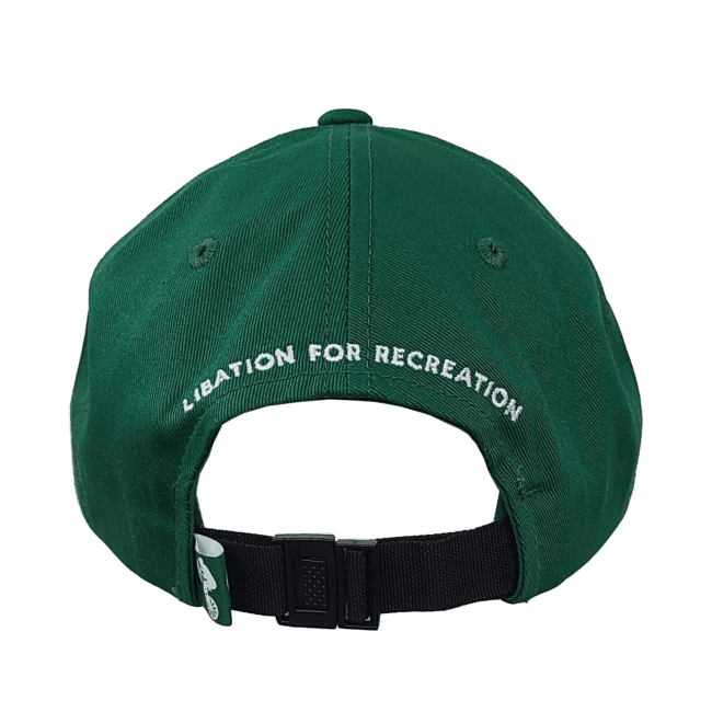 Back view of a dark green baseball cap. The baseball cap uses a black plastic clip for the enclosure and features the words, "Libation for Recreation," in all caps and in white around the back closure.