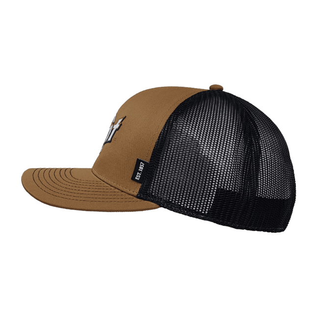 Side view of a copper, caramel-colored hat with a black mesh back. On the side of the hat, a small black flag accent has the words, "EST. 1857" printed on it.