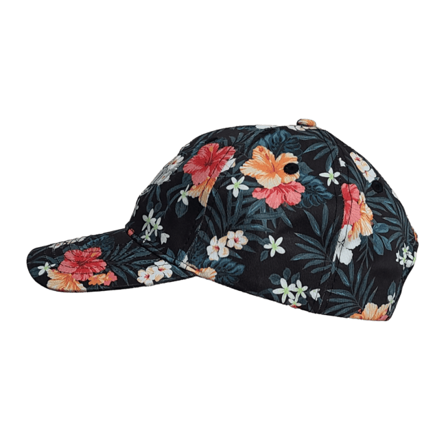 Side view of a black baseball cap with a Hawaiian floral design printed over the entire hat with flowers in pink, orange, and white and dark green palm leaves.