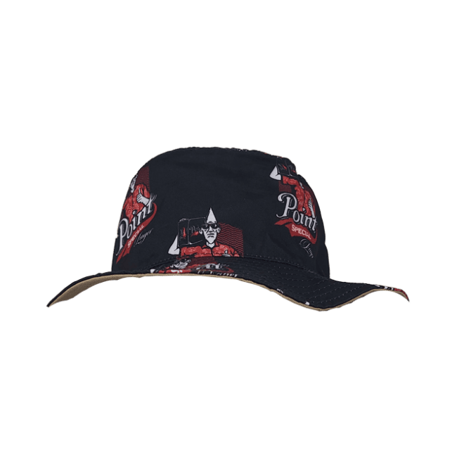 Front view of a dark blue bucket hat featuring a repeated print of the conehead mascot wearing a red Hawaiian shirt and carry a Point Special Lager 24-pack of beer cans. Underneath the conehead, it has the Point Special Lager logo with the word, "Point" in white and the word, "Special" inside a red flag banner below.