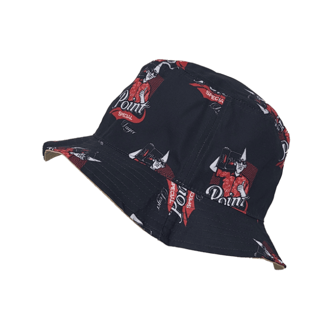 Side view of a dark blue bucket hat featuring a repeated print of the conehead mascot wearing a red Hawaiian shirt and carry a Point Special Lager 24-pack of beer cans. Underneath the conehead, it has the Point Special Lager logo with the word, "Point" in white and the word, "Special" inside a red flag banner below.