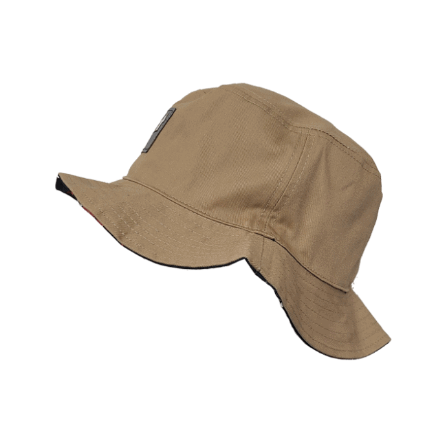 Side view of a khaki-colored bucket hat.