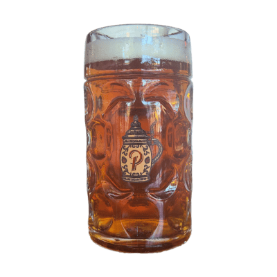 Large stein of amber beer with foam