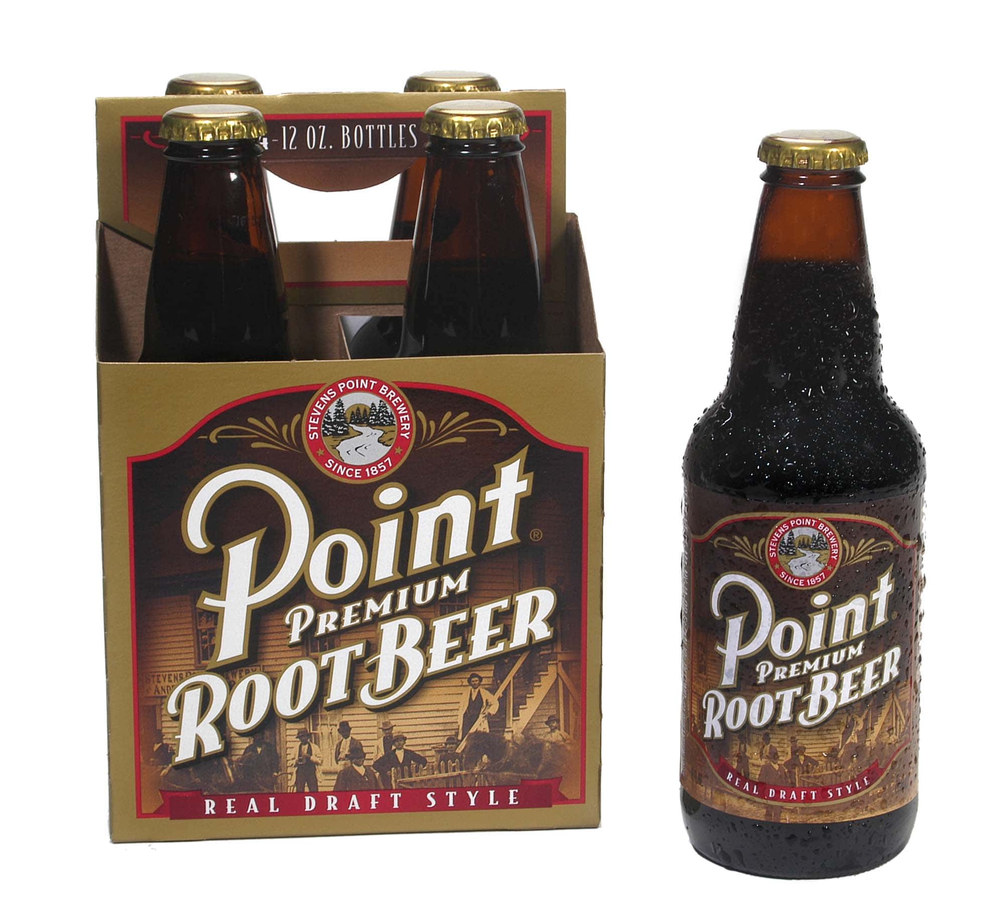 4-pack of Root Beer with a single bottle sitting separately to the right of the 4-pack.
