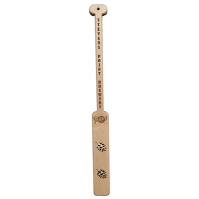mash paddle with Stevens Point Brewery vertical text down handle and two hops illustrations on paddle