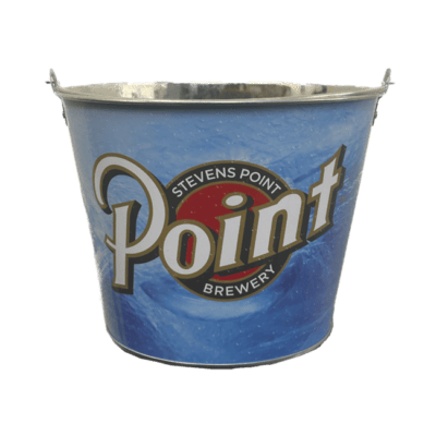 Blue metal bucket with subtle mountain background behind a large Stevens Point Brewery logo