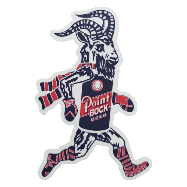 Point Bock Beer goast mascot with red and blue scarf and boots