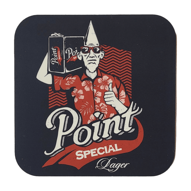 Point Special Lager beer decal with conehead wearing sunglasses and a red Hawaiian shirt