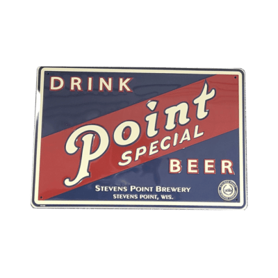 red, white, and blue metal tacker with drink Point Special Beer text