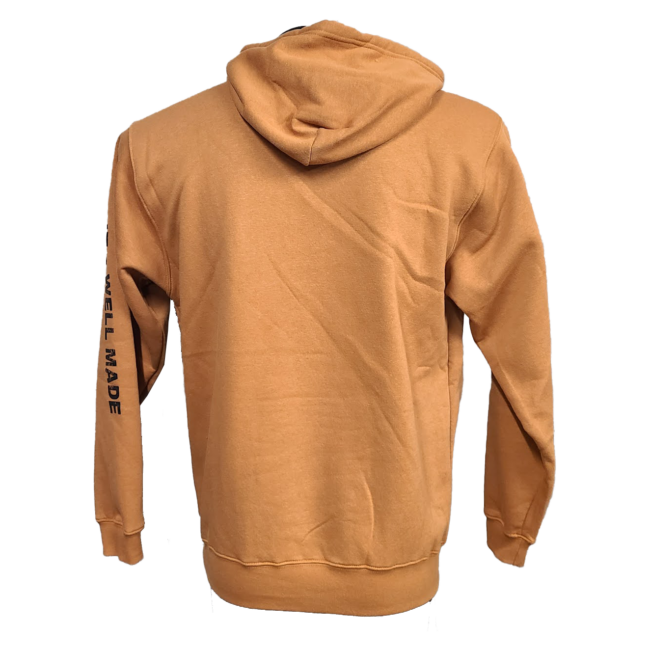 Back view of caramel-colored hoodie with hood.