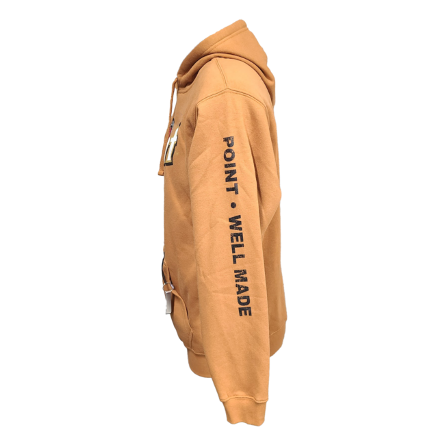 Side view of caramel-colored hoodie with Point Well Made printed in black down the sleeve.