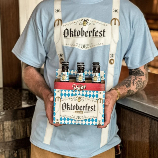 Your easy Oktoberfest outfit is here! Grab a shirt and a 6-pack to match!