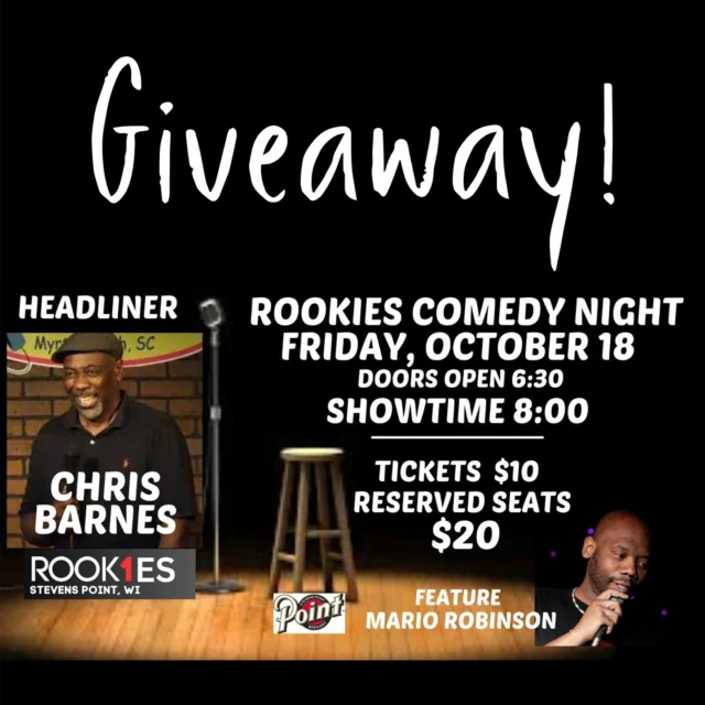 We’ve got tickets to @rookiesbarandgrill comedy night to see Chris Barnes October 18 - 3 winners will win 4 tickets! 

Comment your favorite Point beer and hit that like button on this photo! That’s it! Good luck!

Winners will be chosen Wednesday October 16th at 10am.