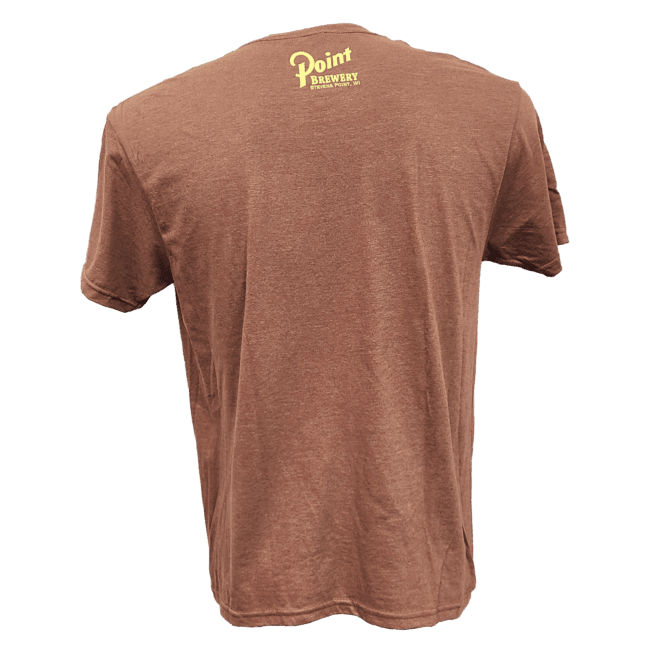 Back view of a brown t-shirt with the words, "Point Brewery Stevens Point, WI" printed in yellow. The print is small and is located towards the top of the t-shirt.