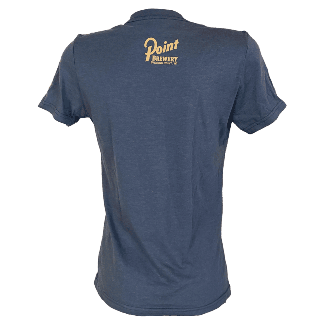 Back view of a dark blue ladies fit t-shirt with the words, "Point Brewery Stevens Point, WI" printed in yellow. The print is small and is located towards the top of the t-shirt.