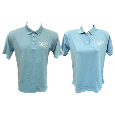 Front view of both the men's fit and ladies' fit golf polos. The men's fit is on the left and the ladies' fit is on the right. Both are shown in light blue and have the Point Brewery logo screen-printed in white on the left chest area.