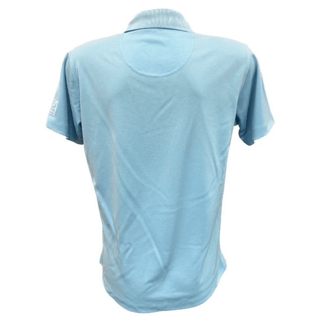 Back view of the women's fit golf polo in light blue.