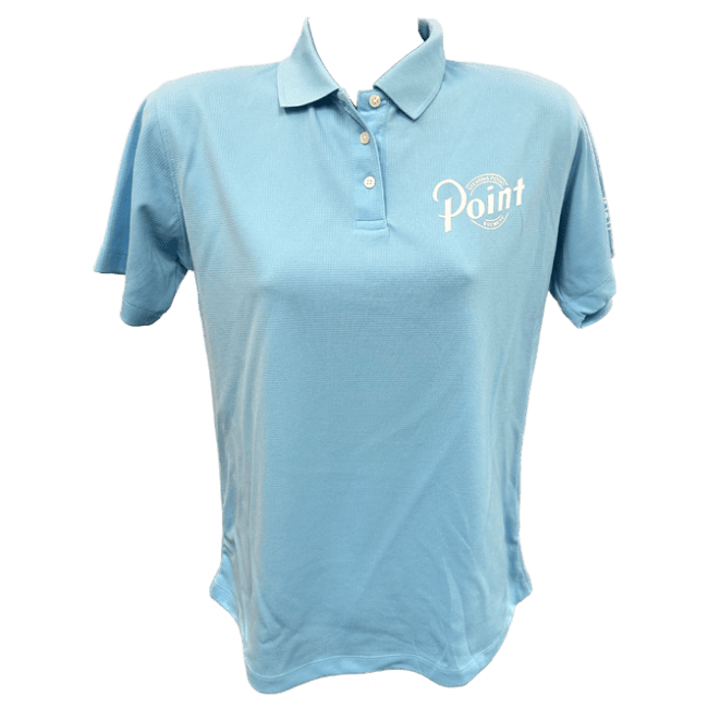 Front view of the ladies' fit golf polo in light blue. On the left chest area, the Point Brewery logo is screen-printed in white.