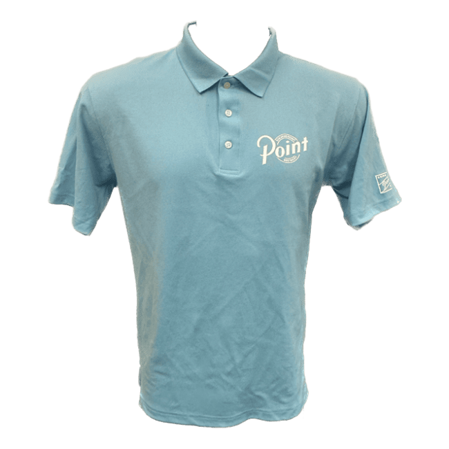 Front view of the men's fit golf polo in light blue. On the left chest area, the Point Brewery logo is screen-printed in white.