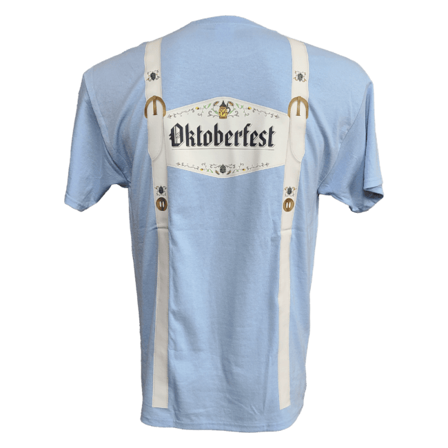 Back of light blue t-shirt with Oktoberfest lederhosen in white.