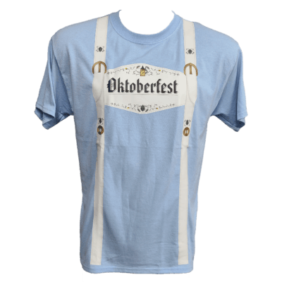 Front of light blue t-shirt with Oktoberfest lederhosen in white.