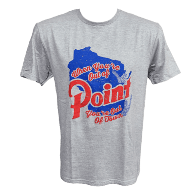 Front of gray T-shirt with outline of the state of Wisconsin in blue and Point Brewery logo in red.