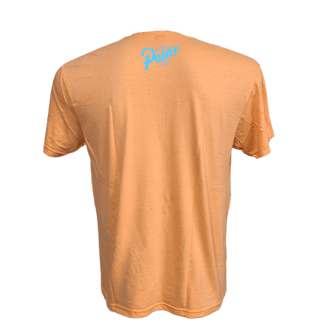 Back of orange t-shirt with a small blue Point logo located center near the back of the neck.