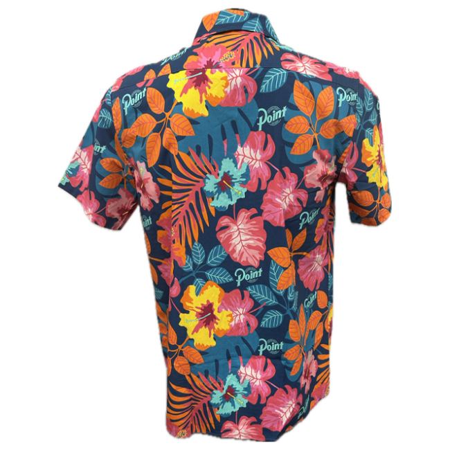 Back view of a Hawaiian short sleeve button-up shirt. The Hawaiian print features flowers in bright blue, teal, hot pink, orange, and yellow. The Stevens Point Brewery logo is printed in teal and is mixed into the floral print throughout the shirt.