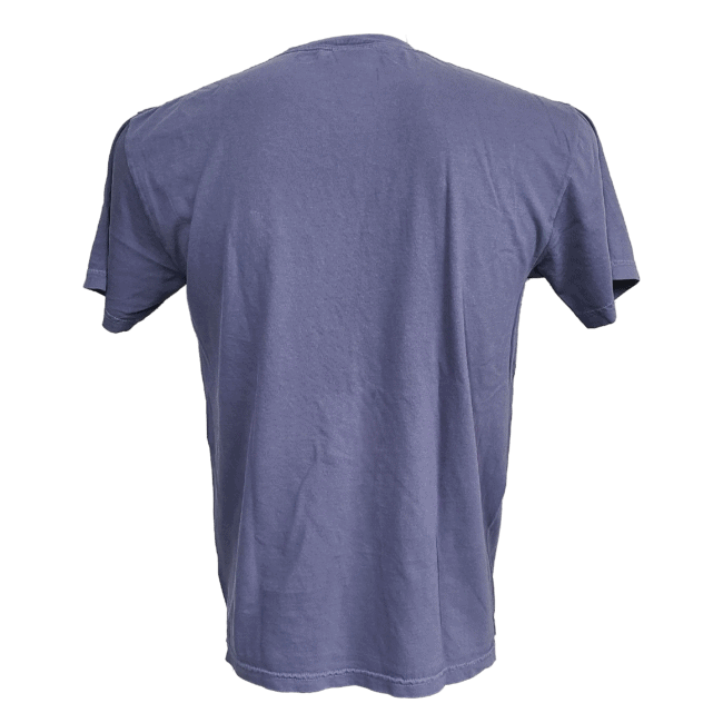 Back view of blue t-shirt; no design.