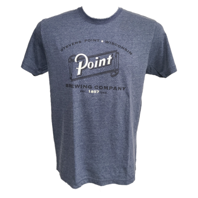 Front view of heathered navy blue t-shirt with the words Stevens Point Brewing Company in black and cream.