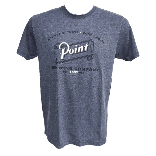 Front view of blue t-shirt with the words Stevens Point Brewing Company in black and cream.