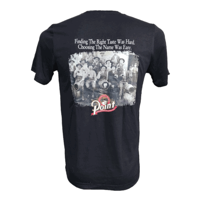 Back of black t-shirt with vintage brewery image and logo.