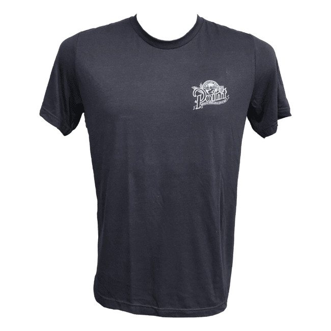 Front of black t-shirt with Point Brewery logo on front left chest.