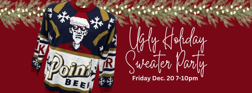 Ugly holiday sweater invitation, December 20 event.